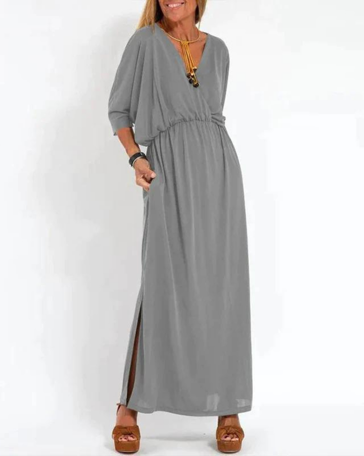 Damen Kleid | V-Ausschnitt Lang Puffärmel