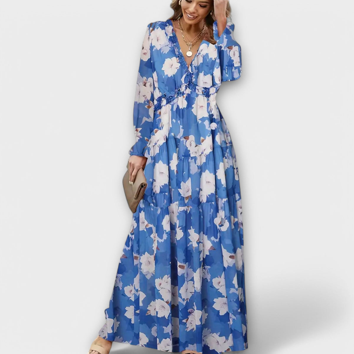 Damen Kleid | Blumenmuster V-Ausschnitt Langarm