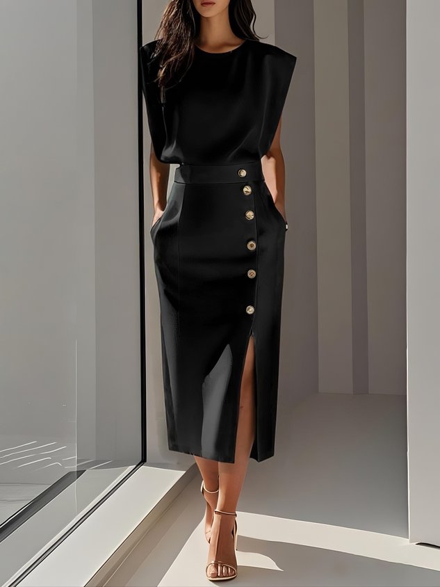 Damen Kleid | Ärmelloses Midi mit Knöpfen