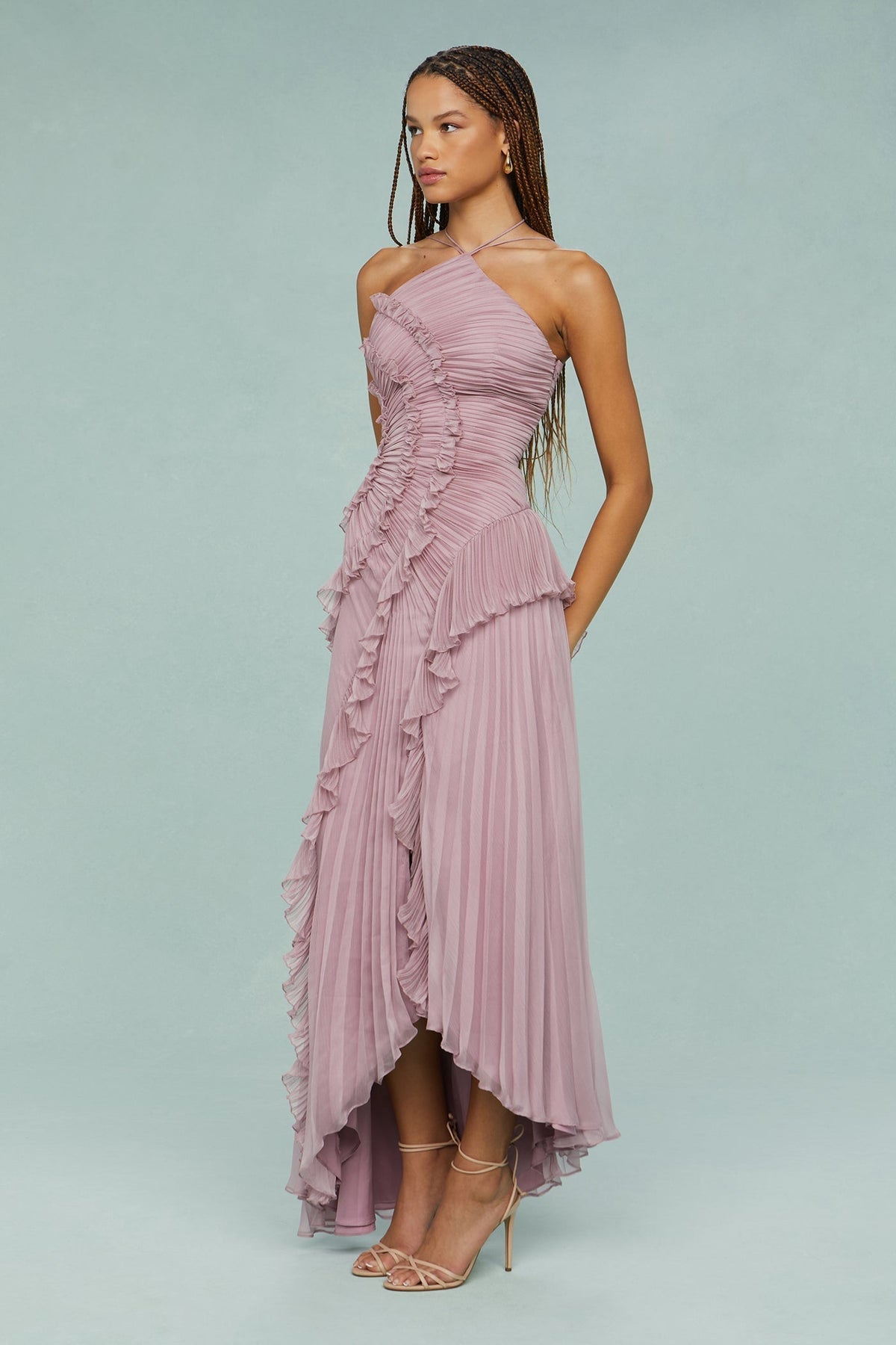 Damen Abendkleid | Halterneck Plissee Maxi