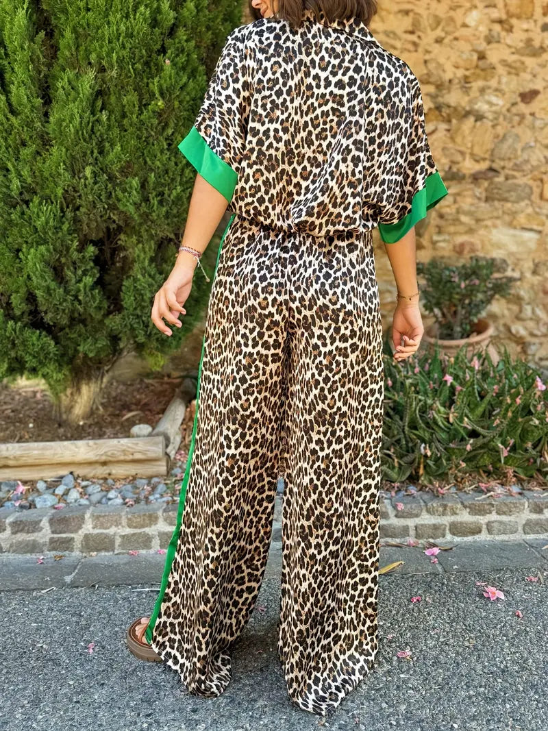 Damen Zweiteiler | Leopardenmuster Bluse und Hose