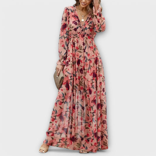 Damen Kleid | Blumenmuster V-Ausschnitt Langarm