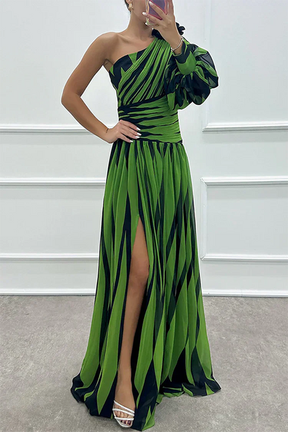 Damen Abendkleid | One-Shoulder Streifen Maxi