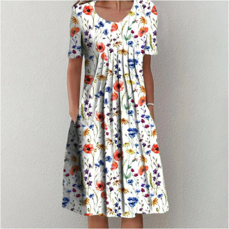 Damen Kleid | Blumenmuster Kurzarm mit Taschen