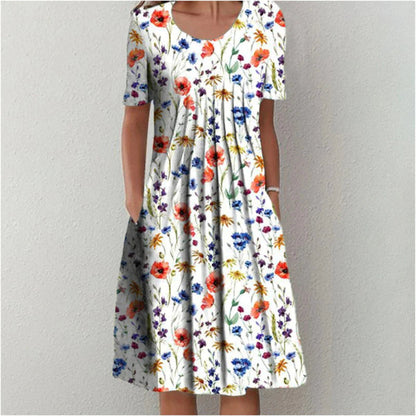 Damen Kleid | Blumenmuster Kurzarm mit Taschen