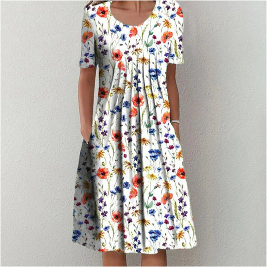 Damen Kleid | Blumenmuster Kurzarm mit Taschen