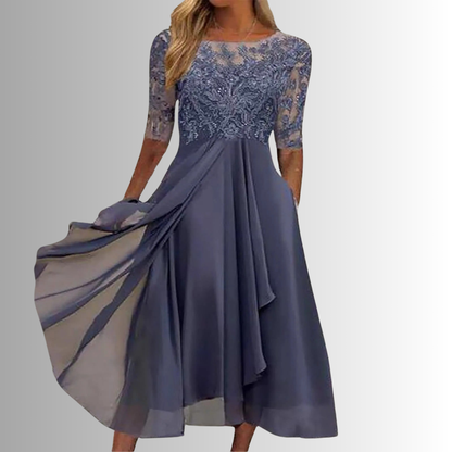 Damen Kleid | Rundhals Midi mit Spitze Stil