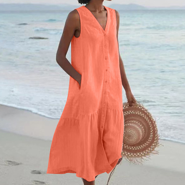 Damen Kleid | Ärmellos Knopfleiste Midi