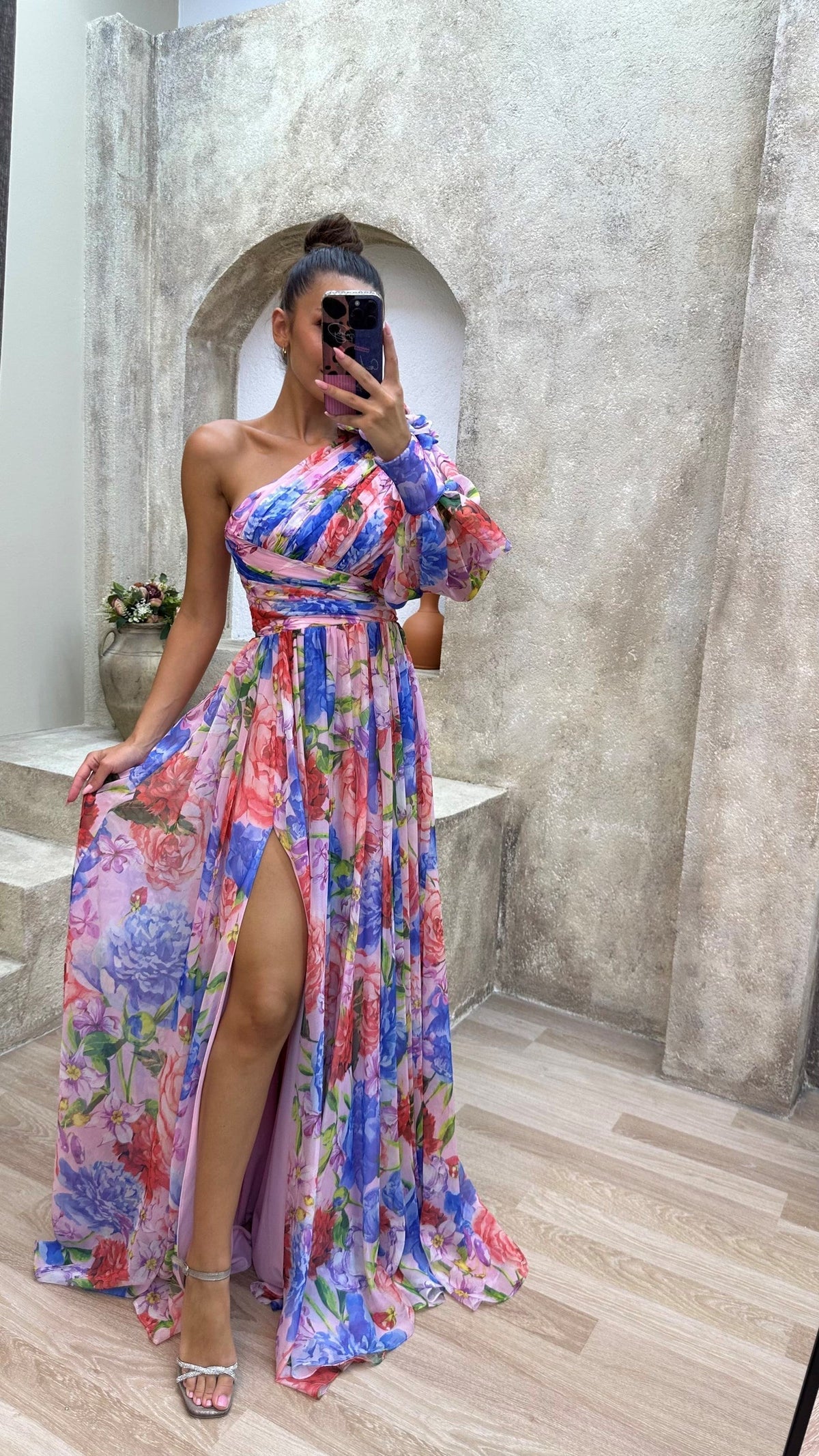 Damen Abendkleid | One-Shoulder Floral Maxi