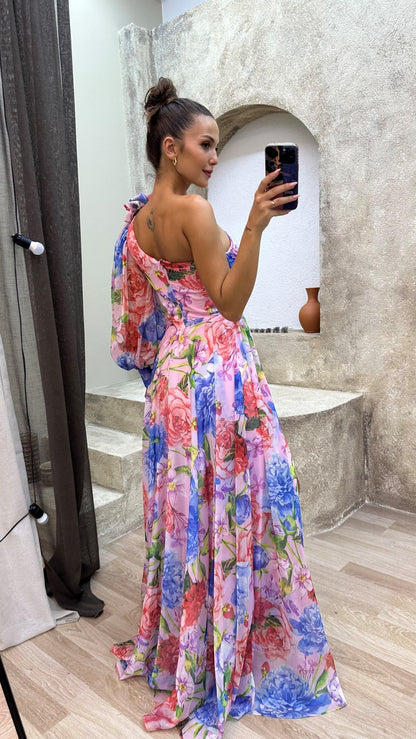 Damen Abendkleid | One-Shoulder Floral Maxi
