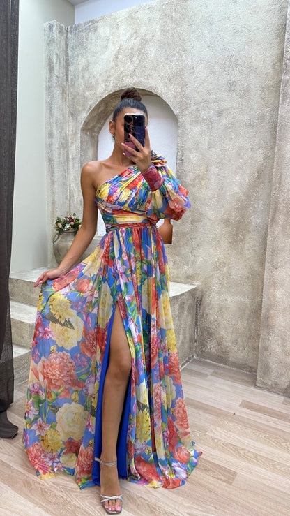 Damen Abendkleid | One-Shoulder Floral Maxi