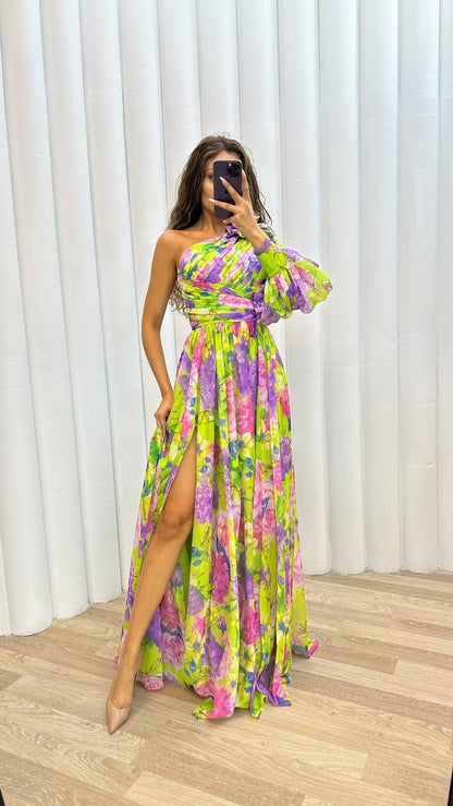 Damen Abendkleid | One-Shoulder Floral Maxi