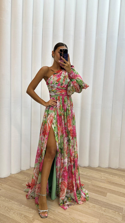 Damen Abendkleid | One-Shoulder Floral Maxi