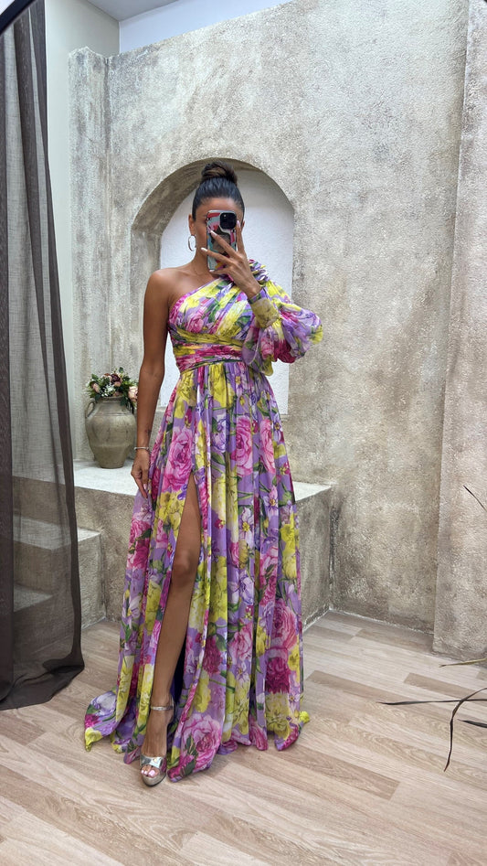 Damen Abendkleid | One-Shoulder Floral Maxi