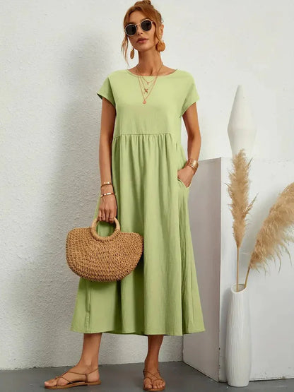 Damen Kleid | Rundhals Taschen Midi