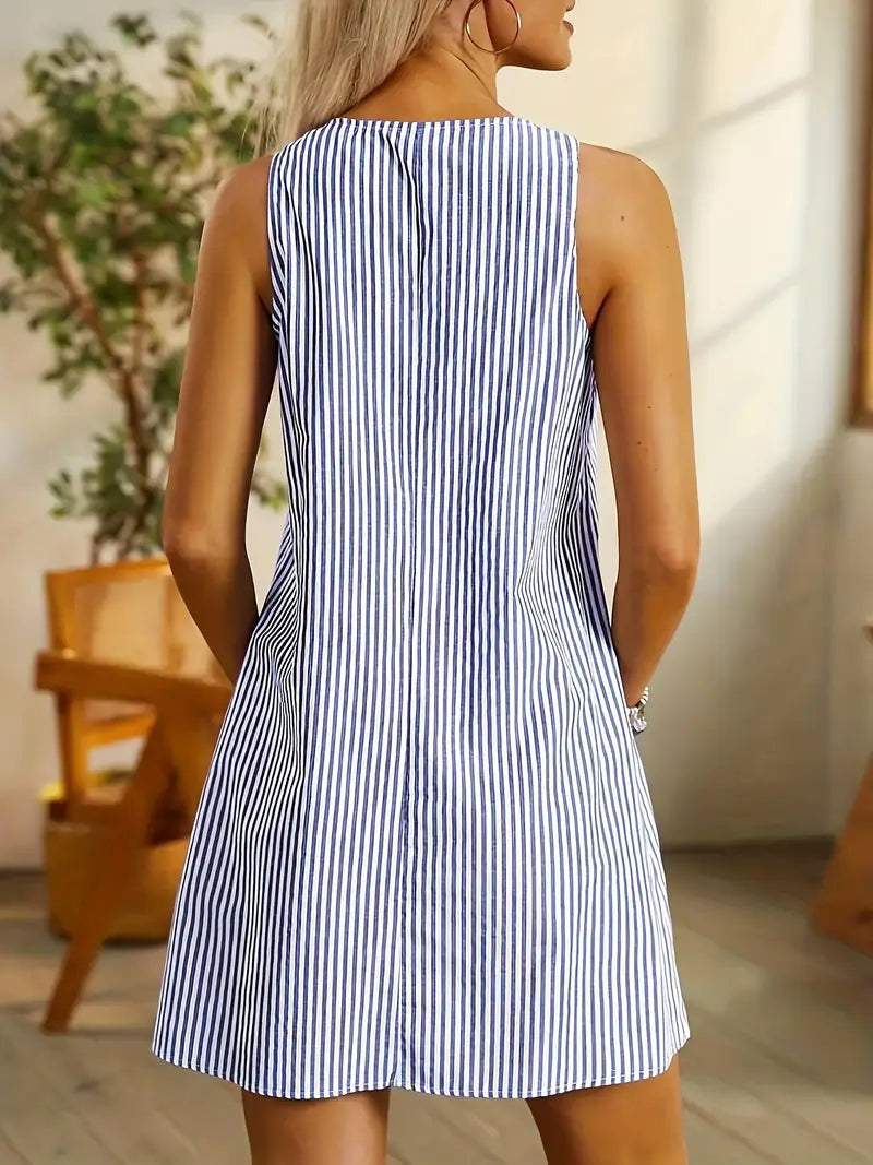 Damen Kleid | Streifen Taschen Ärmellos