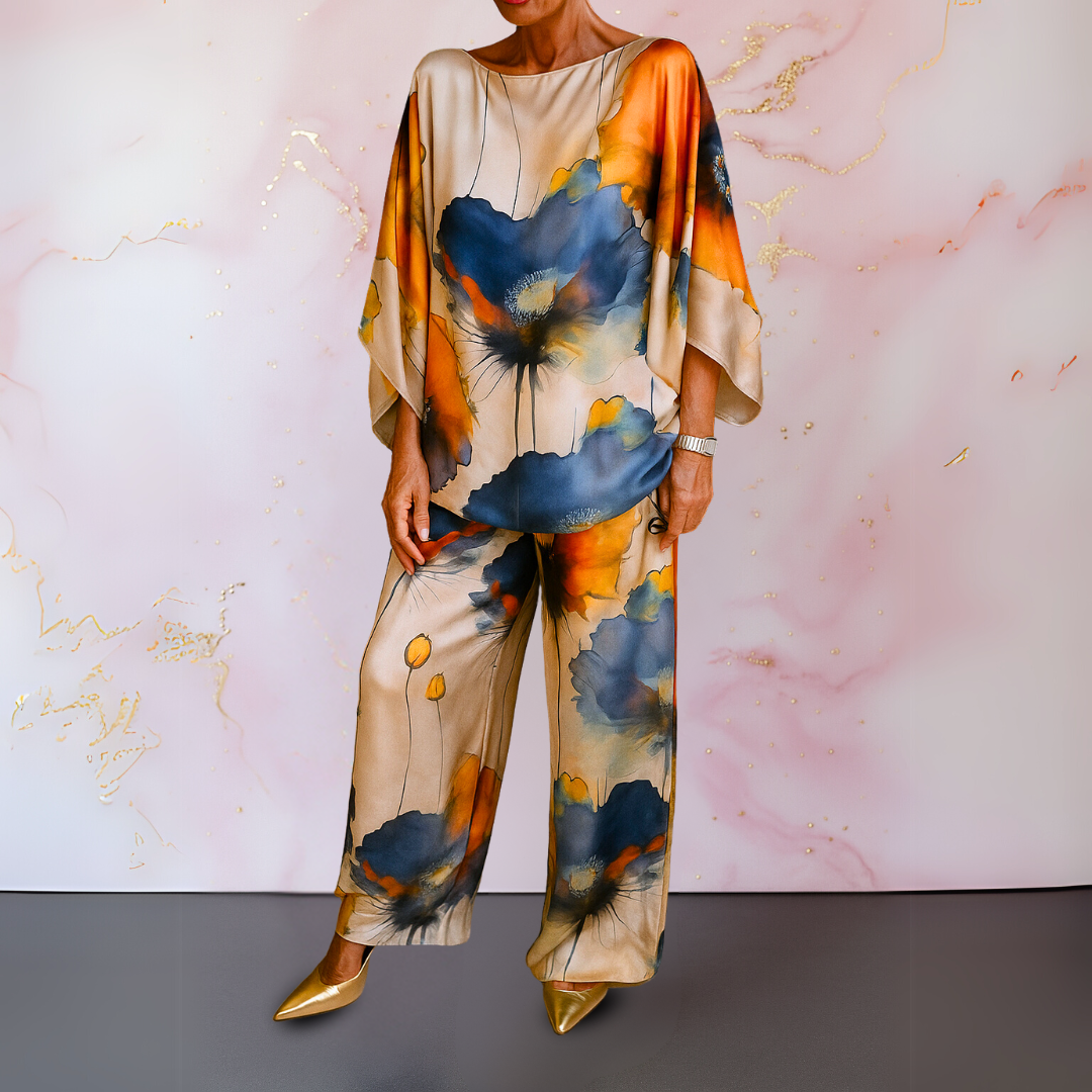 Damen Zweiteiler | Blumenmuster Bluse und Hose
