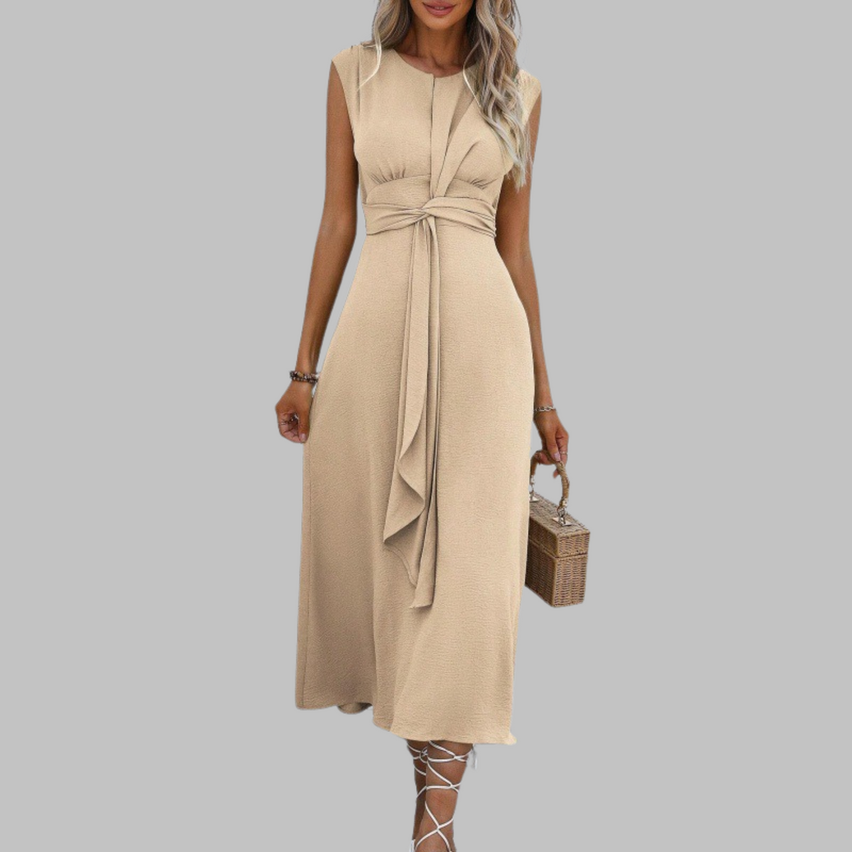 Damen Kleid | Rundhalsausschnitt Bindegürtel