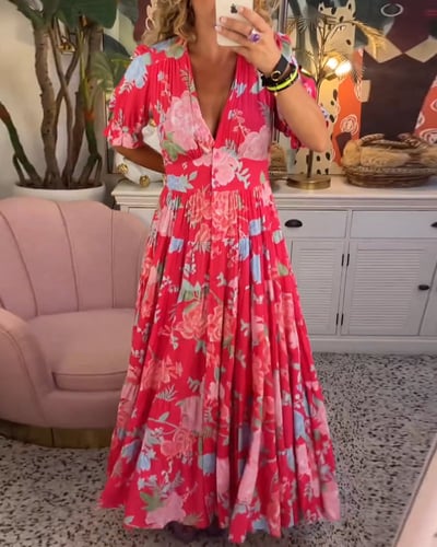 Damen Kleid | Blumen V-Ausschnitt Midi