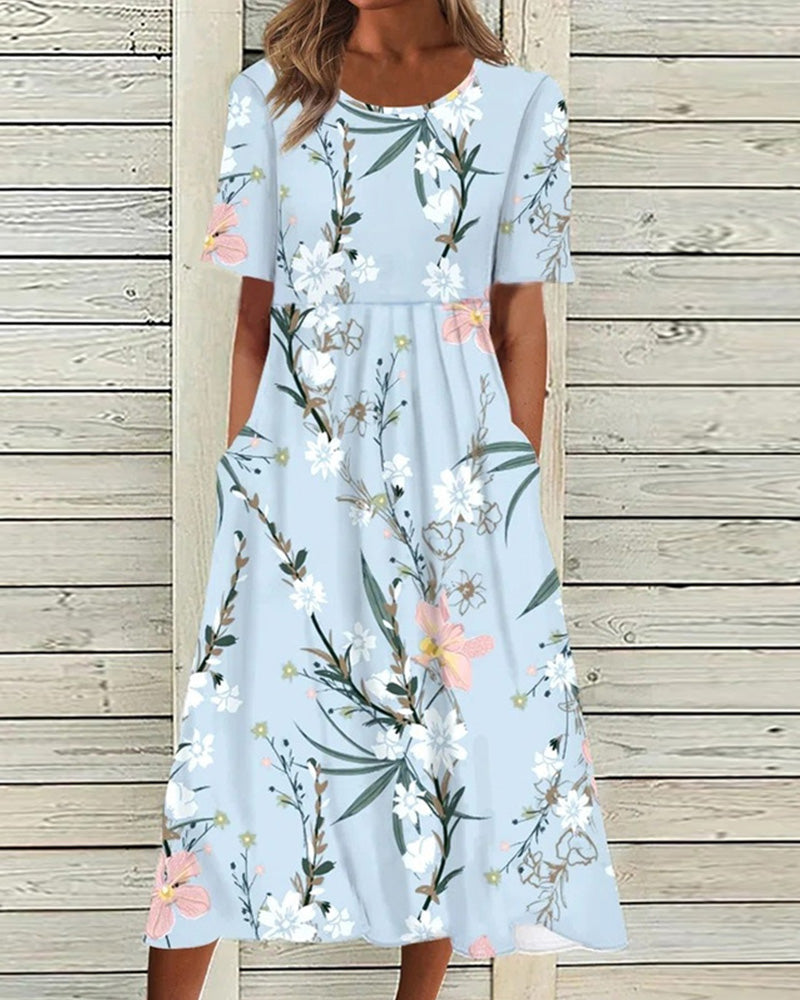 Damen Kleid | Blumenprint Kurzarm Midi