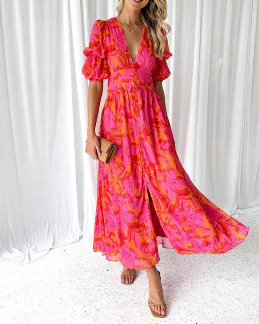 Damen Kleid | V-Ausschnitt Blumenmuster Maxi