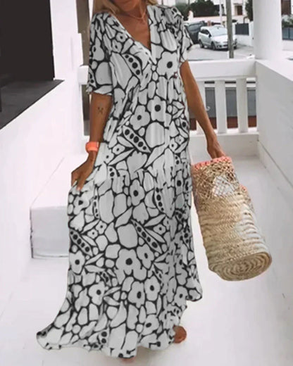 Damen Kleid | V-Ausschnitt Kurzarm Maxi