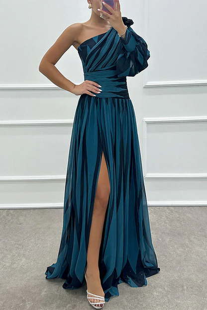 Damen Abendkleid | One-Shoulder Streifen Maxi