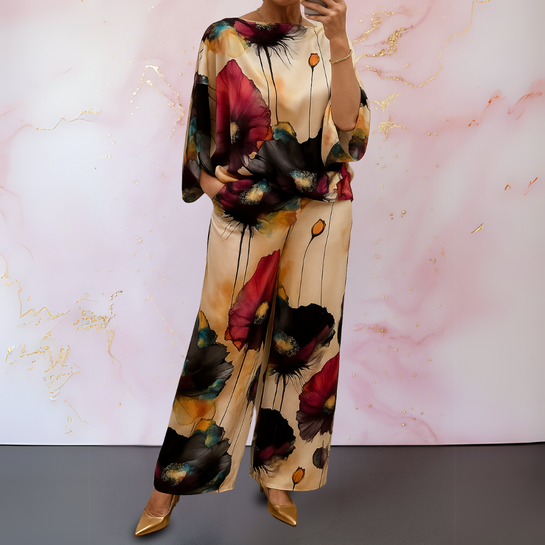 Damen Zweiteiler | Blumenmuster Bluse und Hose