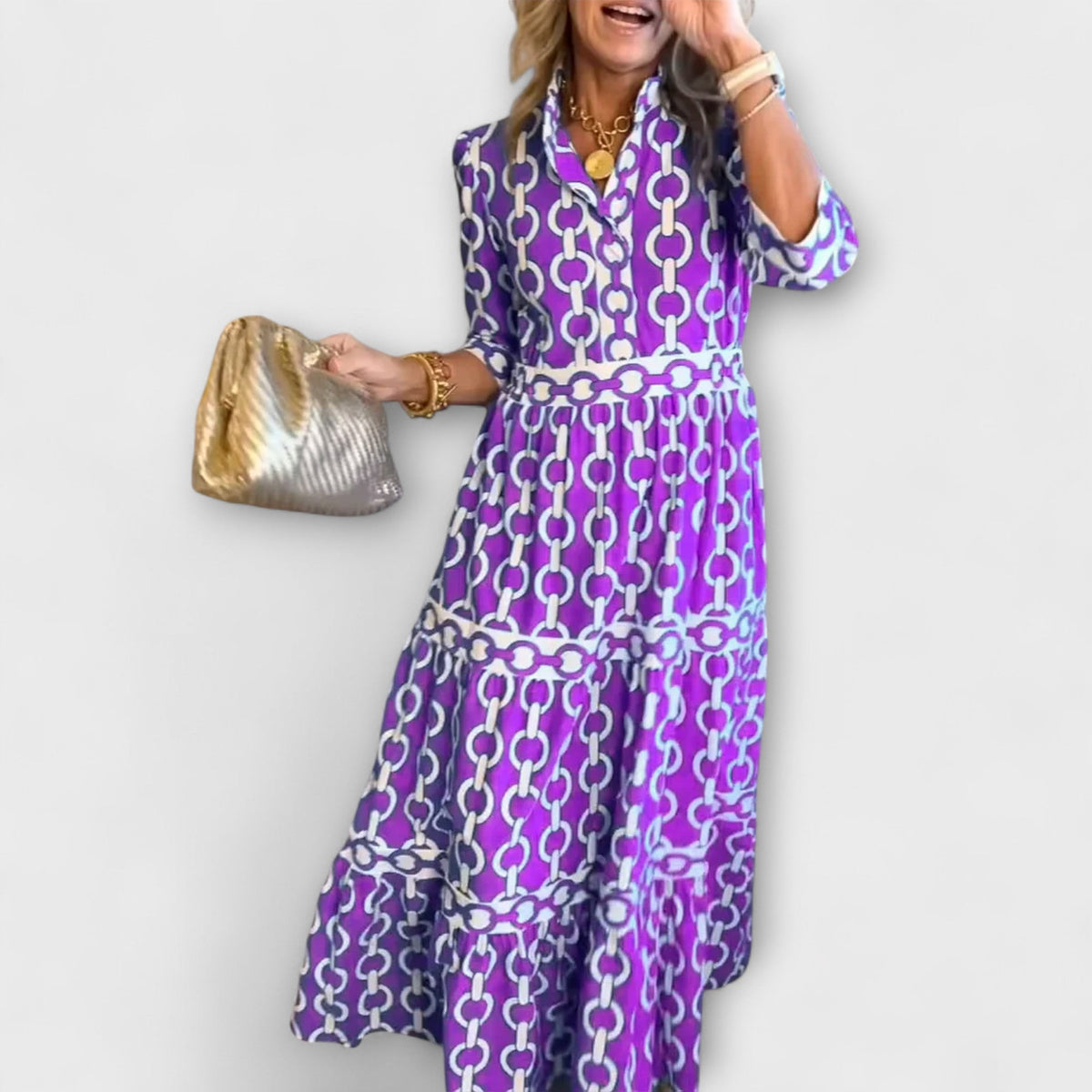 Damen Kleid | Kettenmuster 3/4-Ärmel Maxi