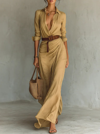 Damen Kleid | Reverskragen Gürtel Maxi