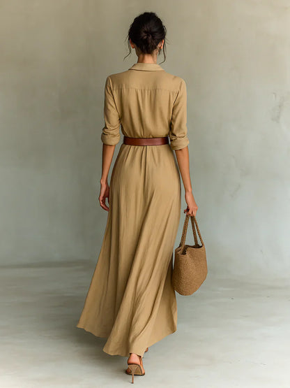 Damen Kleid | Reverskragen Gürtel Maxi