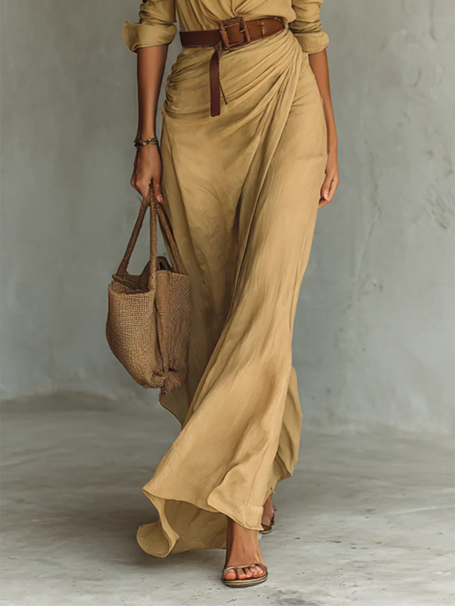 Damen Kleid | Reverskragen Gürtel Maxi