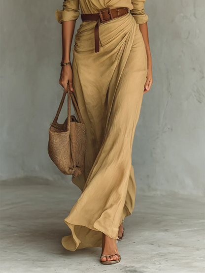 Damen Kleid | Reverskragen Gürtel Maxi