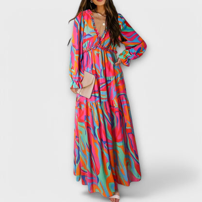 Damen Kleid | Blumenmuster V-Ausschnitt Langarm