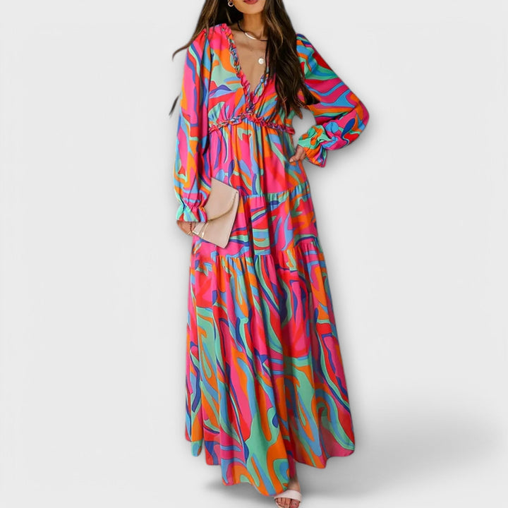 Damen Kleid | Blumenmuster V-Ausschnitt Langarm
