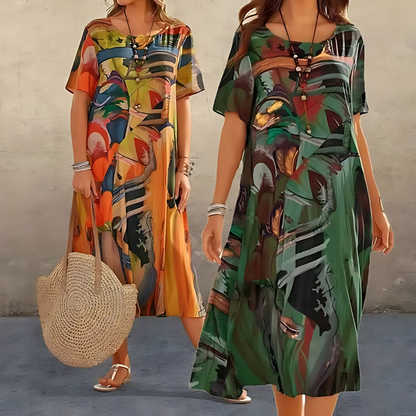 Damen Kleid | Print Kurzarm Midi