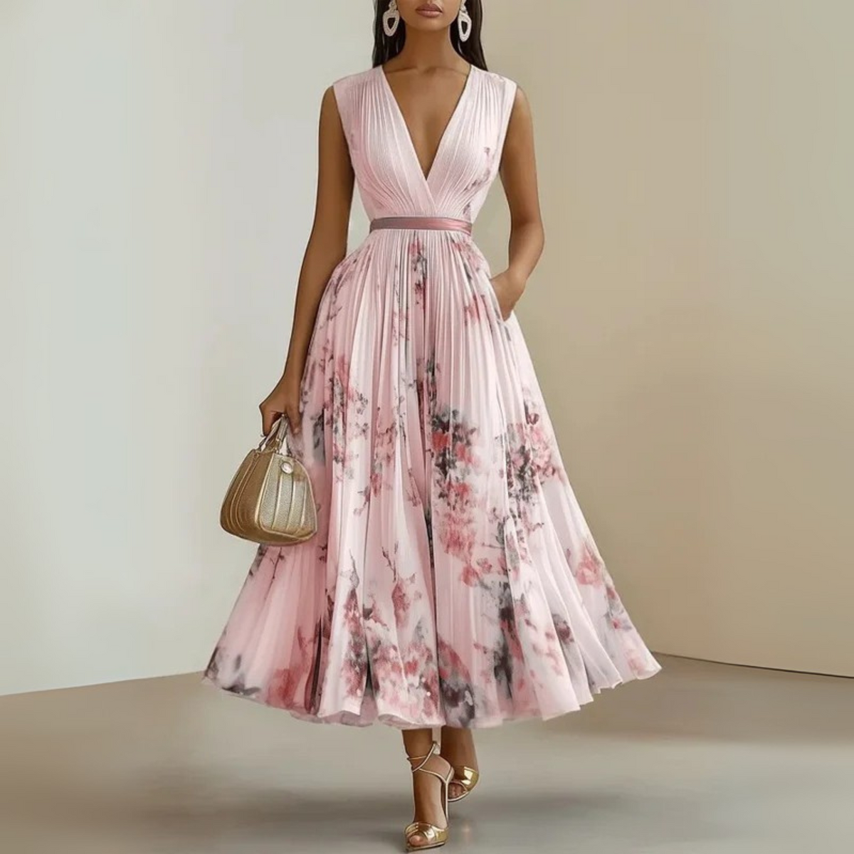 Damen Kleid | Plissee V-Ausschnitt Maxi