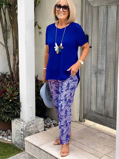 Damen Zweiteiler | Kurzarmshirt und Gemusterte Hose