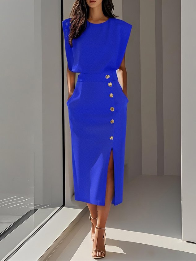 Damen Kleid | Ärmelloses Midi mit Knöpfen