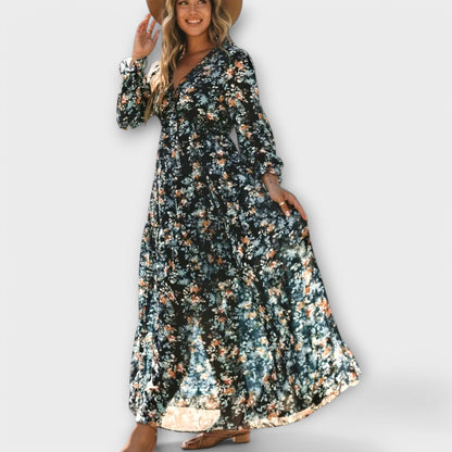 Damen Kleid | Blumenmuster V-Ausschnitt Langarm