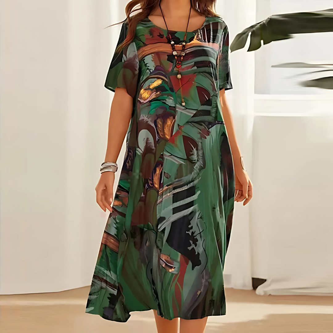 Damen Kleid | Print Kurzarm Midi