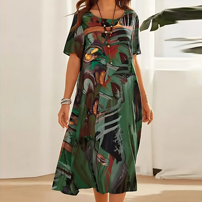 Damen Kleid | Print Kurzarm Midi