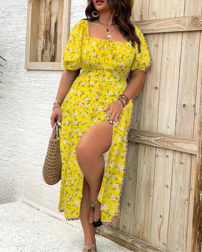 Damen Kleid | Quadratausschnitt Puffärmel Midi