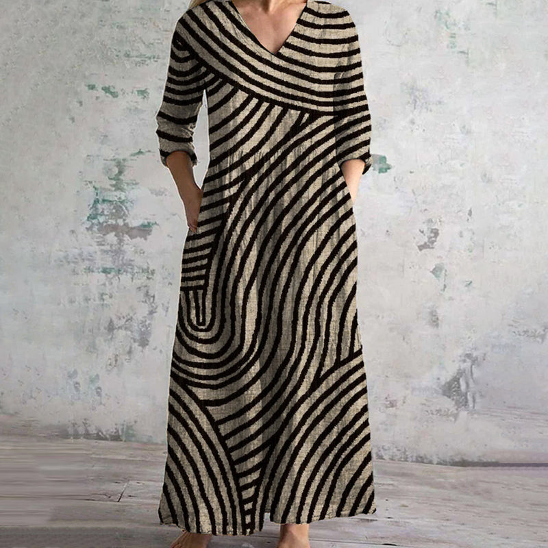 Damen Kleid | Vintage Streifen V-Ausschnitt