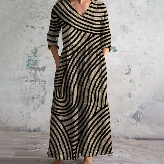 Damen Kleid | Vintage Streifen V-Ausschnitt