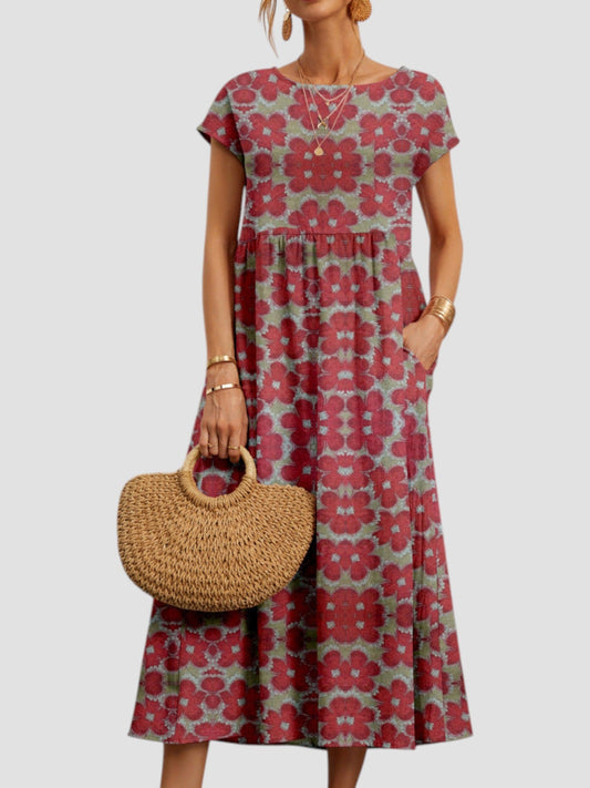 Damen Kleid | Blumenmuster Kurzarm Midi