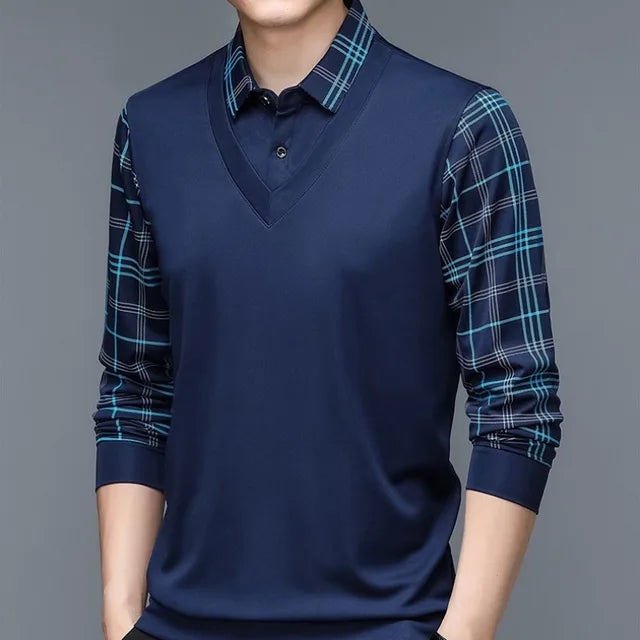 Herren Poloshirt | V-Ausschnitt Karierte Ärmel