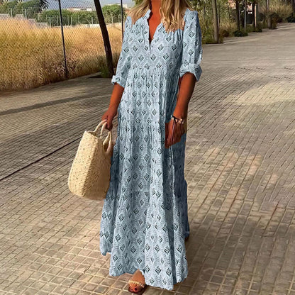 Damen Kleid | Blättermuster V-Ausschnitt Maxi