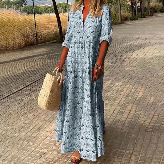 Damen Kleid | Blättermuster V-Ausschnitt Maxi