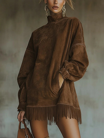 Damen Kleid | Stehkragen Fransen Saum